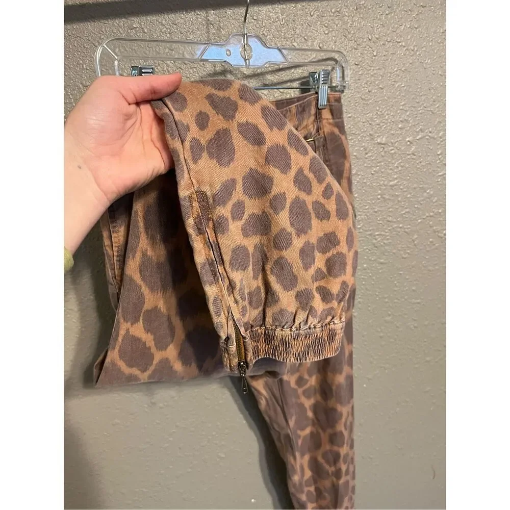 Anthropologie Brown Animal Print Joggers Women's Size 2 Linen Blend Zip Ankle